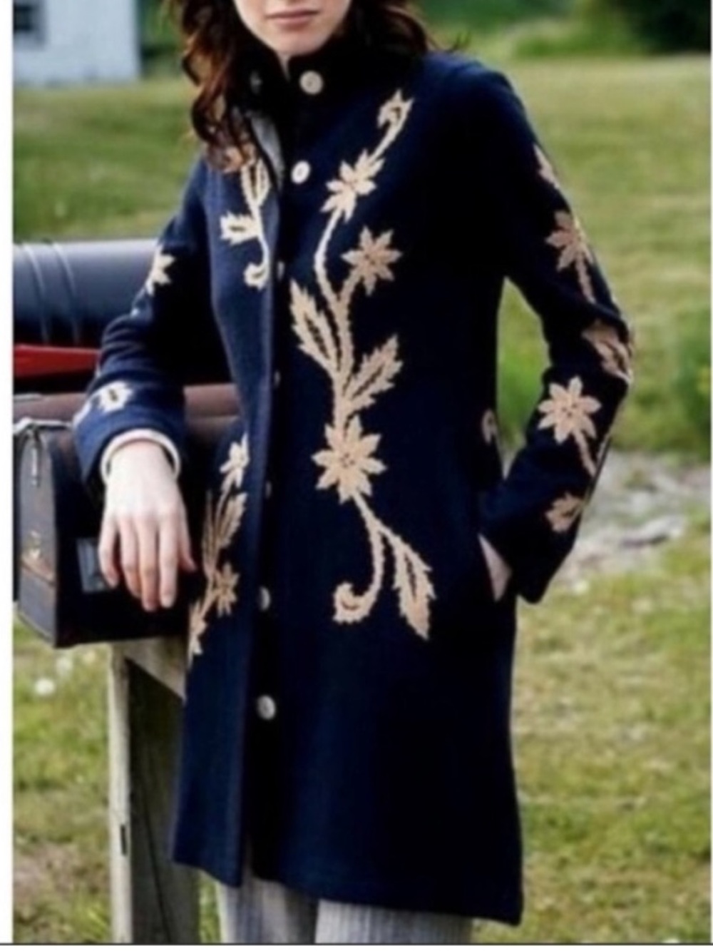 VINTAGE Anthropologie Sparrow "Walking Trails" Embroidered Boiled Wool Coat S